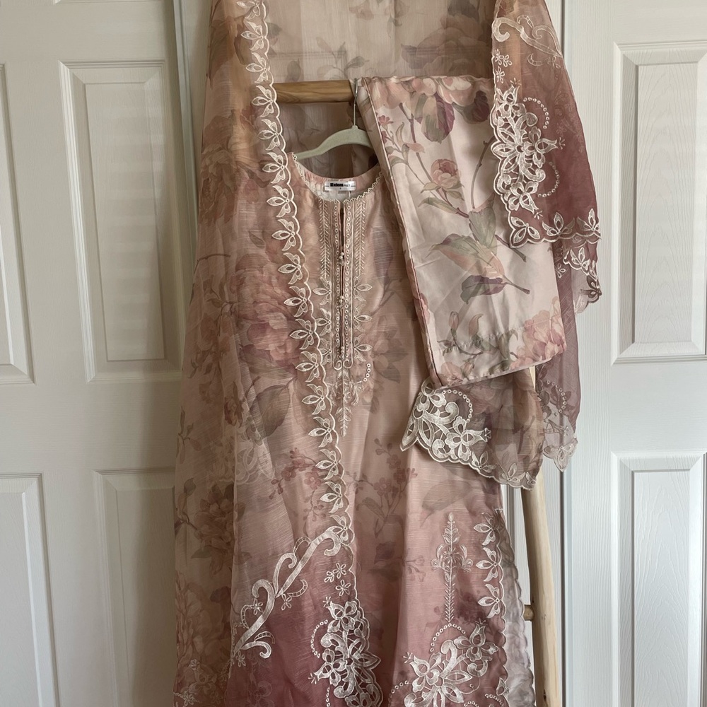 Floral Embroidered Dress with pants and full size duppatta